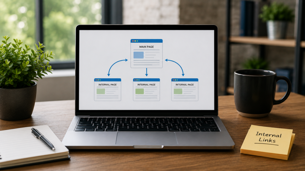 Realistic SEO workspace showing a website internal linking structure on a laptop, illustrating how internal links distribute domain authority across web pages.