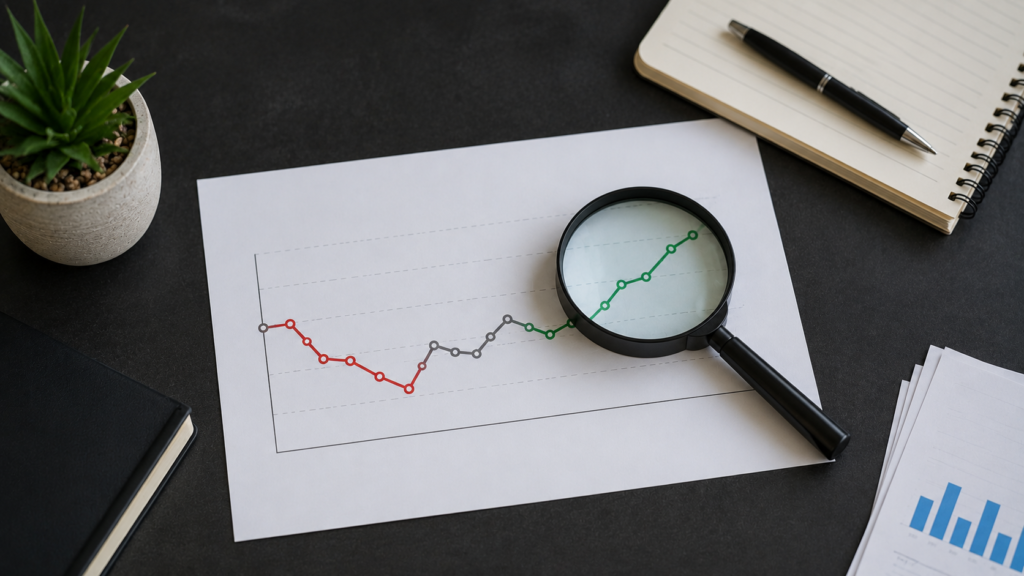 Magnifying glass examining a performance trend chart with rising and falling metrics on a professional desk, representing accurate analysis of score fluctuations and SEO performance changes.