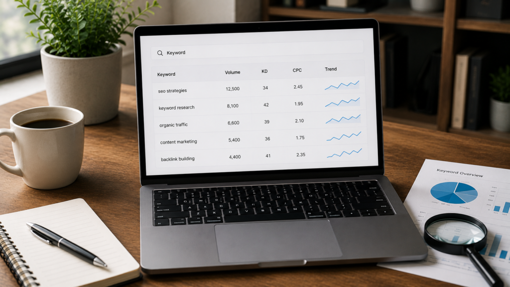 Laptop displaying keyword research data with search volume, keyword difficulty, and trend metrics, alongside analytics reports and a magnifying glass, representing keyword research strategies to increase organic website traffic.
