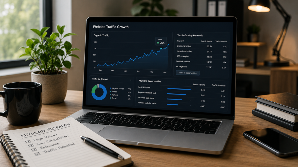 Realistic SEO workspace with a laptop displaying keyword research and website traffic analytics, illustrating how to identify high search volume keyword opportunities that can drive sustainable organic website growth.