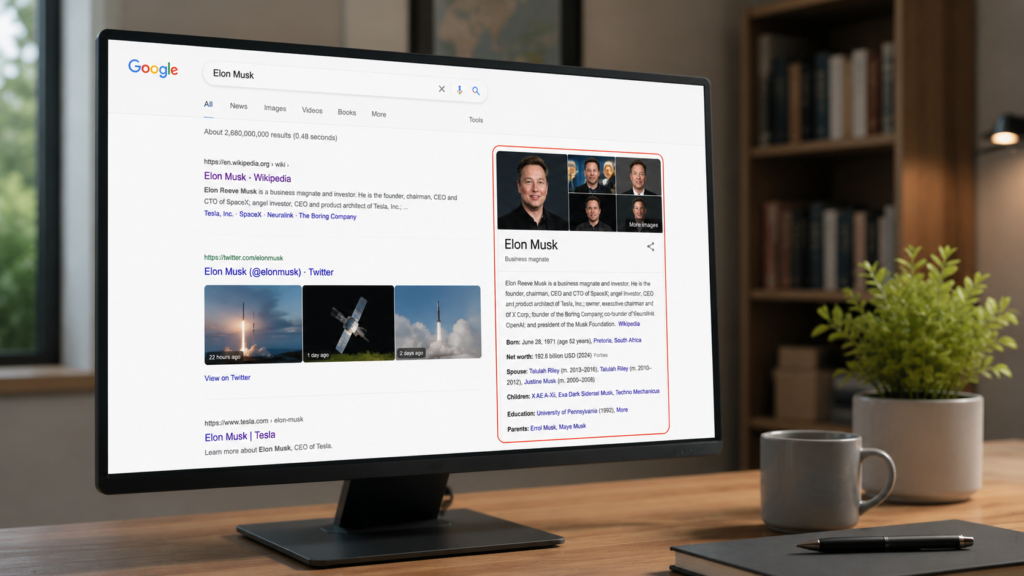 Realistic desktop monitor displaying a Google search results page with a knowledge panel on the right, demonstrating how structured information appears for recognized entities in search.