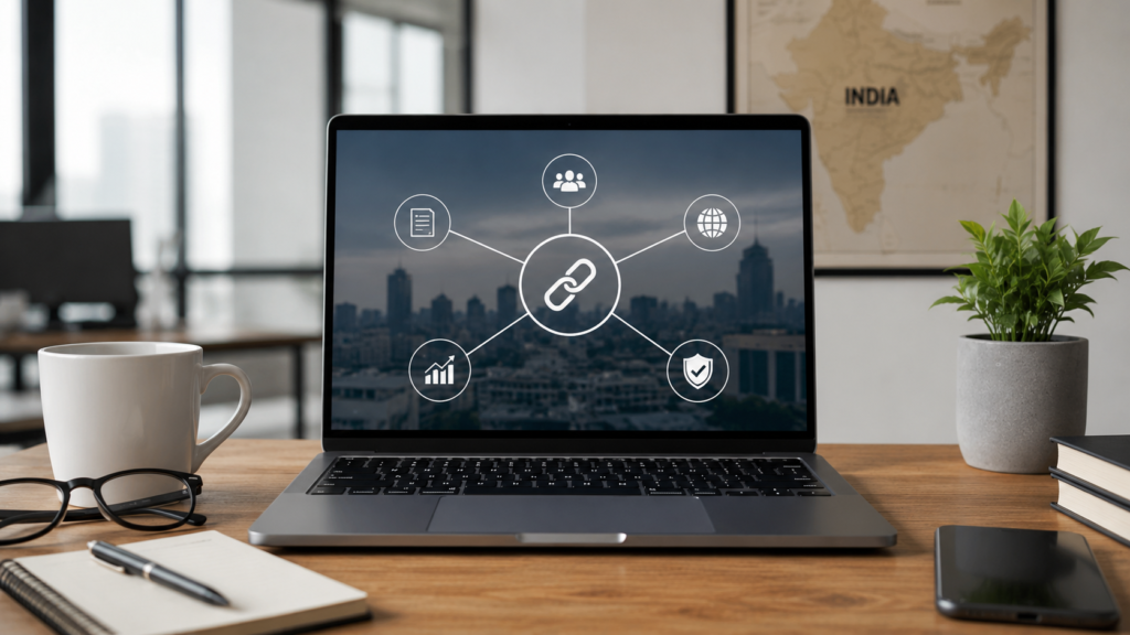 Realistic modern office workspace with a laptop displaying link-building strategy, SEO outreach, and backlink network concepts alongside an India map, representing professional link-building services in India.