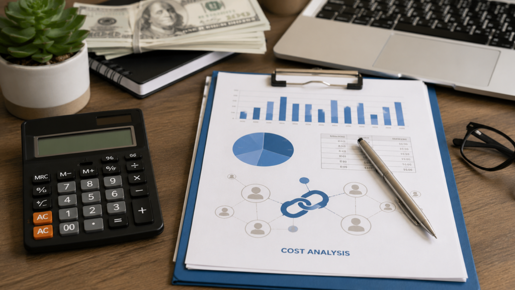 Realistic office desk with cost analysis reports, calculator, laptop, and financial documents illustrating link-building pricing, SEO budget planning, and backlink investment analysis.