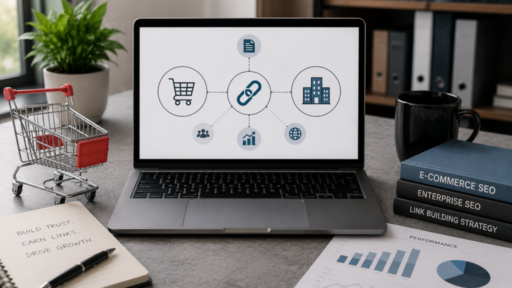 Photorealistic office workspace with a laptop displaying an enterprise link building strategy, alongside an online shopping cart and SEO analytics, representing scalable backlink strategies for ecommerce and enterprise websites.