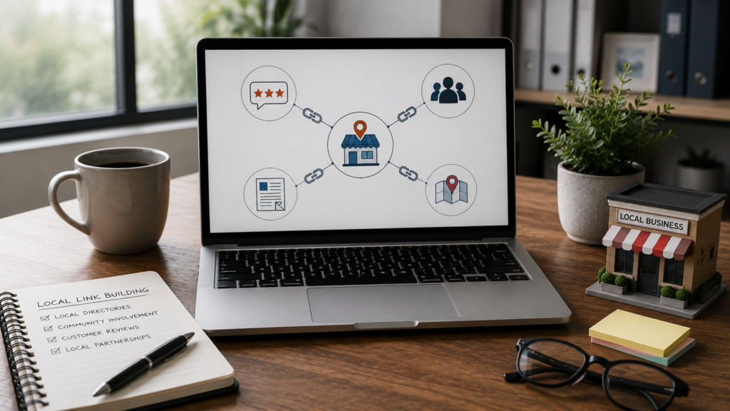 Photorealistic office workspace with a laptop illustrating local link building strategies, alongside a small business storefront model, representing SEO outreach, local partnerships, and niche business authority growth.