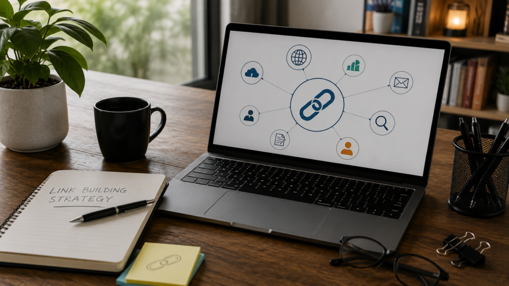 Photorealistic digital marketing workspace with a laptop displaying a link building strategy diagram, symbolizing SEO backlinks, website authority, outreach, and organic search growth.