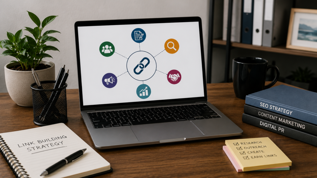 Photorealistic SEO workspace with a laptop displaying effective link building strategies, surrounded by content marketing resources, symbolizing ethical backlink acquisition, outreach, and organic search growth.