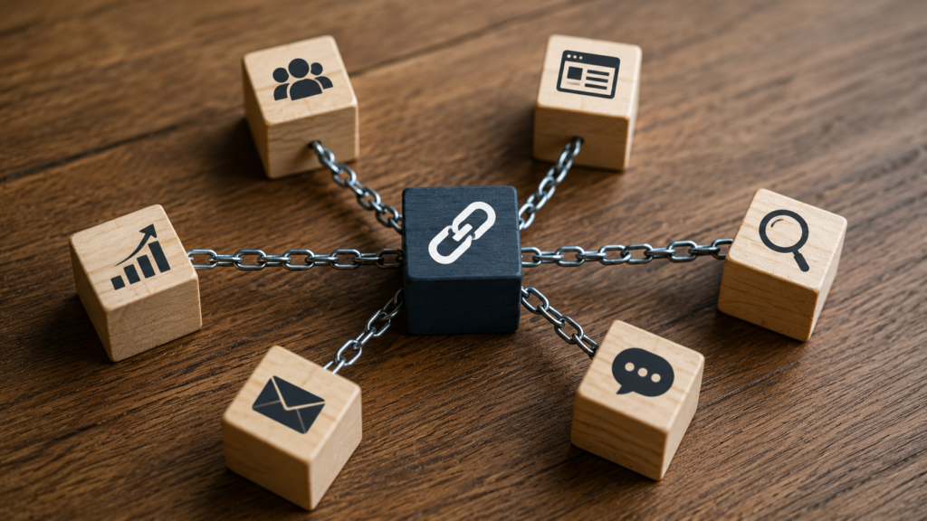 Connected wooden blocks linked by chains around a central link icon, representing effective link-building strategies, outreach, content promotion, and SEO authority growth.