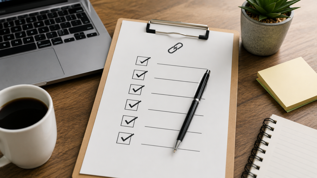 Realistic overhead view of a link building techniques checklist on a clipboard beside a laptop and office desk accessories, representing an organized SEO backlink strategy workflow.