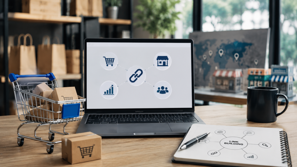 Realistic office workspace with a laptop displaying link building analytics, ecommerce elements, and franchise location concepts illustrating SEO tools for ecommerce and franchise websites.