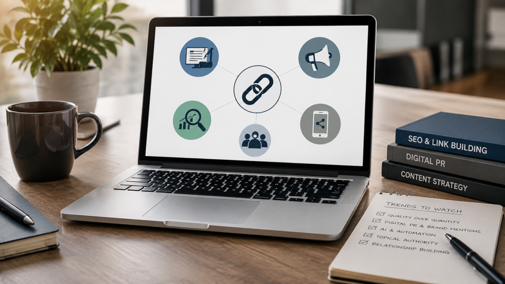 Photorealistic SEO workspace with a laptop displaying modern link building trends, surrounded by digital marketing resources, illustrating evolving backlink strategies, digital PR, AI-driven outreach, and authority-focused SEO.
