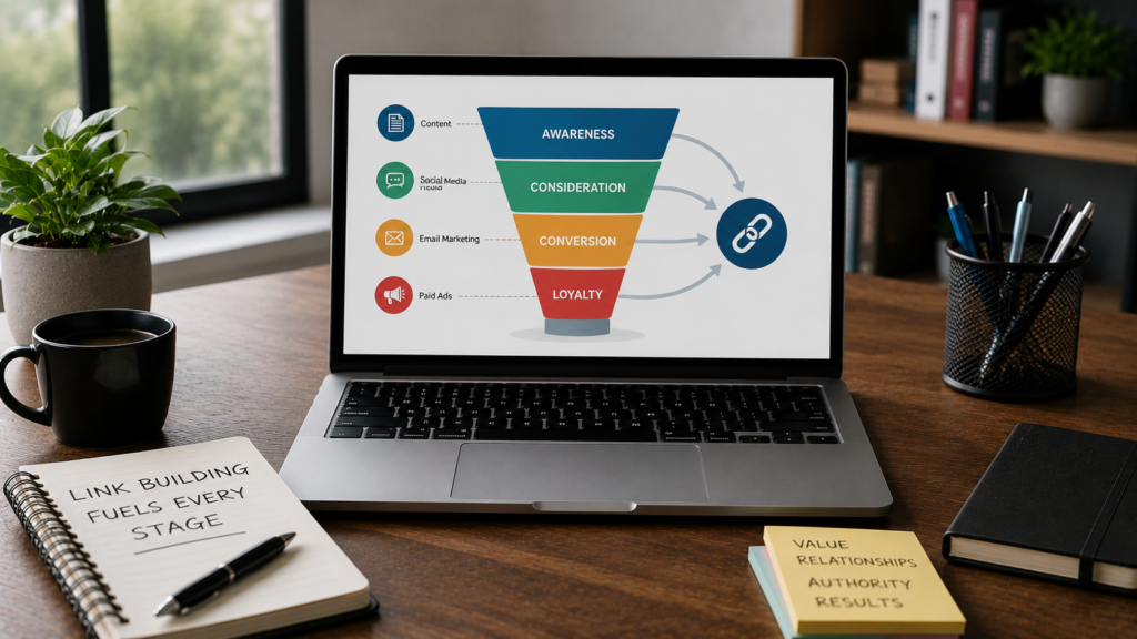 Photorealistic marketing workspace with a laptop displaying a marketing funnel connected to link building, illustrating how backlinks support brand awareness, lead generation, conversions, and long-term SEO growth.
