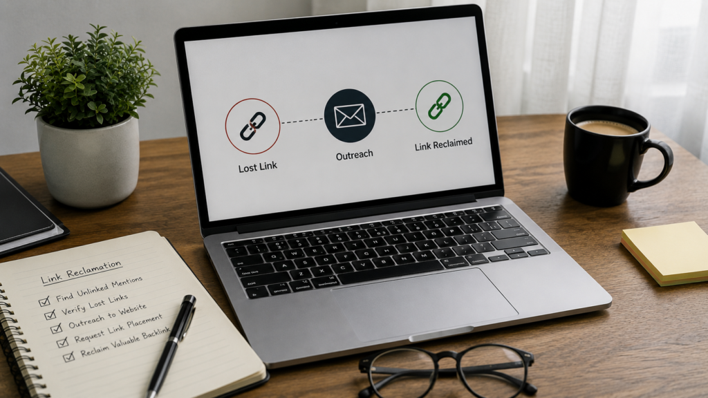Realistic office workspace showing a laptop with a link reclamation workflow, illustrating recovery of lost backlinks through outreach and SEO link building strategy.