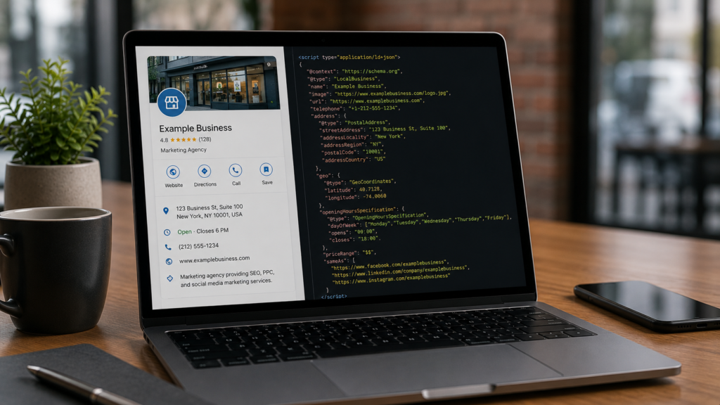 Photorealistic workspace with a laptop displaying a local business profile alongside LocalBusiness Schema Markup (JSON-LD), highlighting business name, address, phone number, hours, map location, and customer ratings for local SEO.