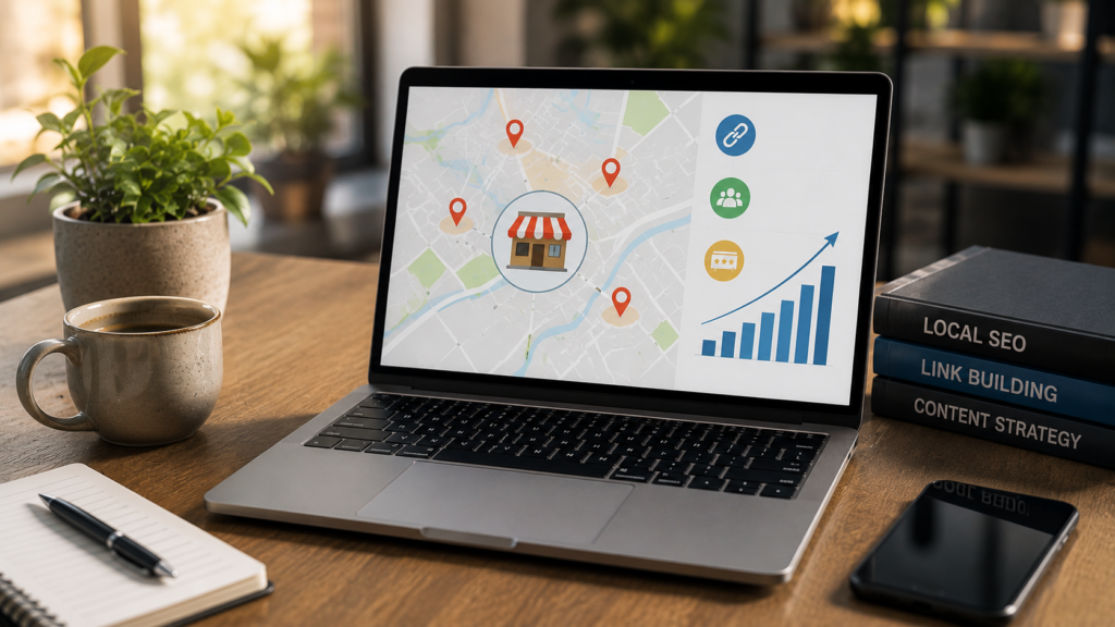 Realistic workspace showing a laptop with local SEO analytics, business location map, and backlink strategy dashboard, illustrating a link building strategy for local and niche businesses.
