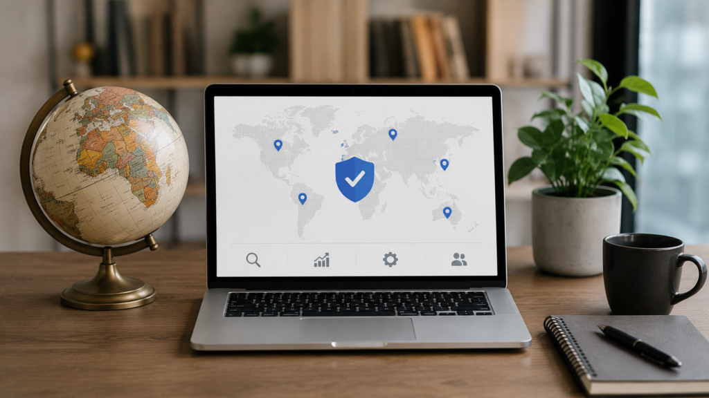 Realistic laptop displaying a global compatibility dashboard with world map, location markers, and SEO performance indicators for evaluating GEO compatibility across regions.