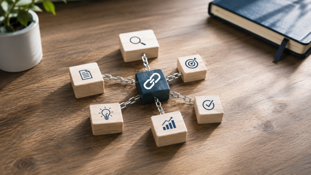 Realistic SEO concept showing interconnected keyword blocks linked around a central anchor text element, illustrating LSI and related keyword anchor text for improved search relevance.