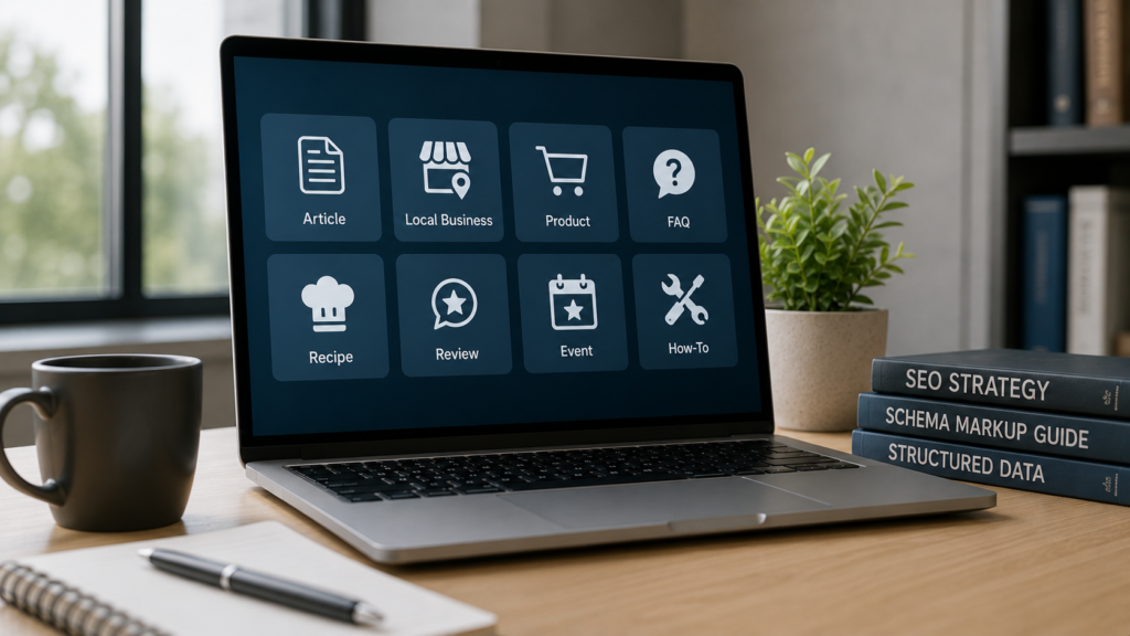 Photorealistic laptop displaying icons for common schema markup types including Article, Product, Local Business, FAQ, Recipe, Review, Event, and HowTo, representing structured data used for SEO and rich search results.
