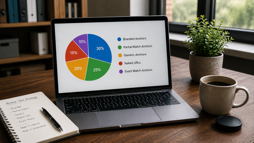 Realistic SEO workspace with a laptop displaying a diversified anchor text distribution chart featuring branded, partial match, generic, naked URL, and exact match anchors to illustrate a natural backlink profile.