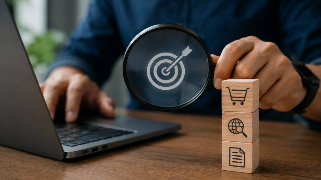Realistic SEO workspace showing a laptop, target symbol, and search-related icons, representing the strategy of matching anchor text to user search intent for better relevance and engagement.