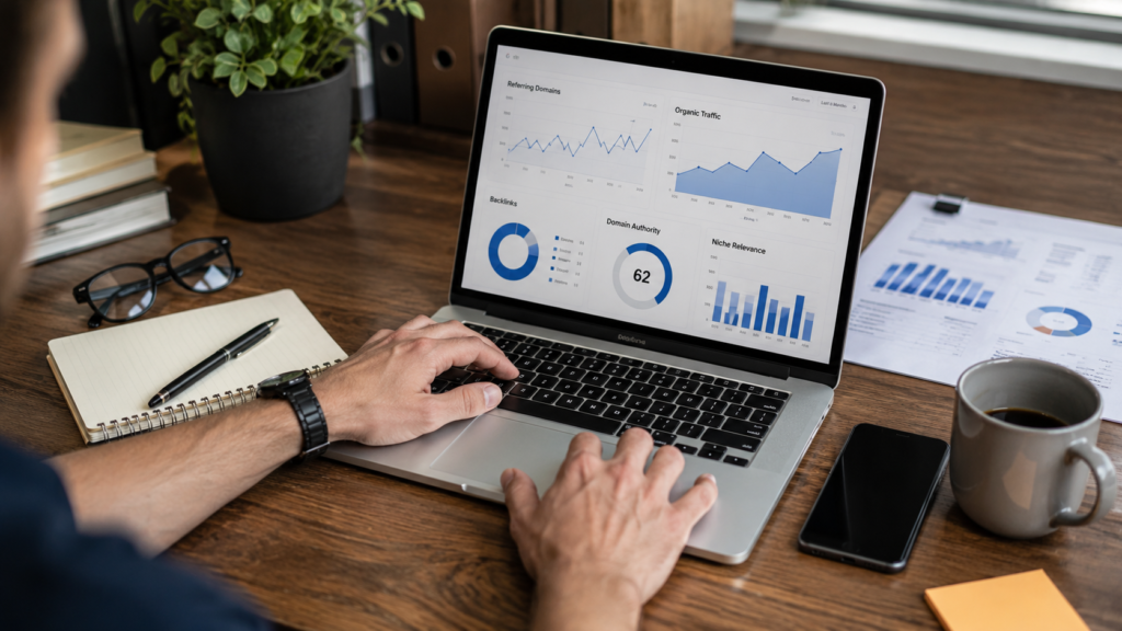 Realistic SEO analytics dashboard on a laptop displaying guest posting performance metrics, backlink growth, referral traffic, and niche-specific campaign results in a professional workspace.