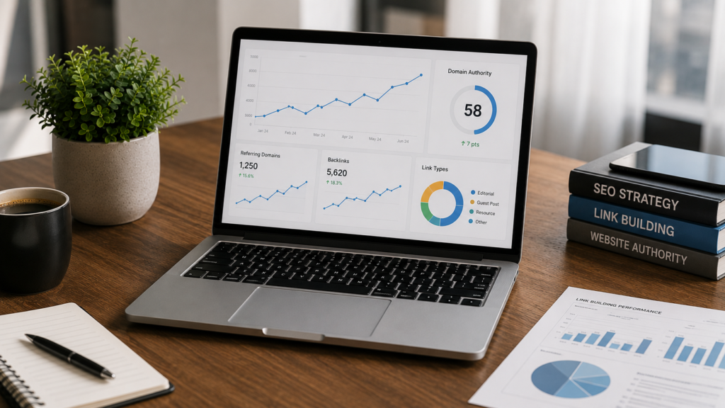 Realistic analytics dashboard displaying backlink growth, referring domains, domain authority, and SEO performance metrics for measuring the success of a link building strategy over time.