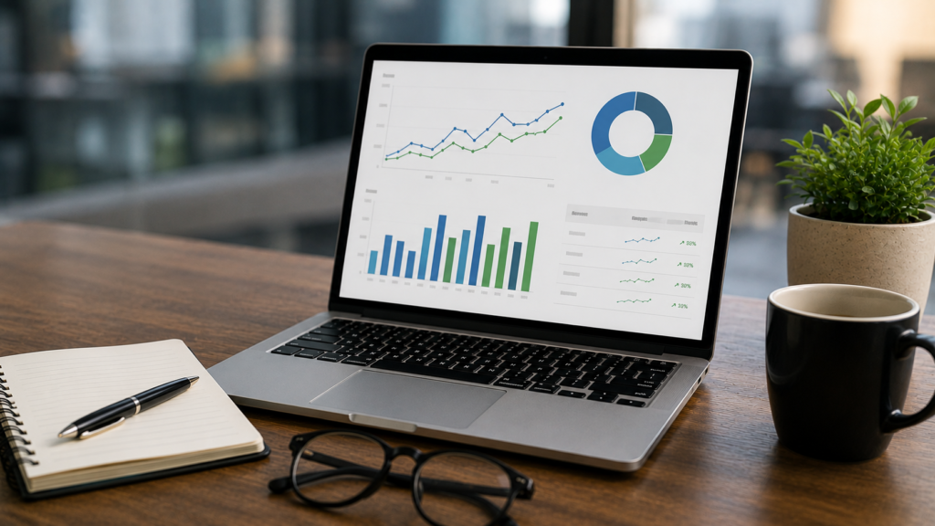 Realistic office workspace with analytics dashboards showing long-term SEO performance, backlink growth, and trend analysis for measuring the impact of link building techniques over time.
