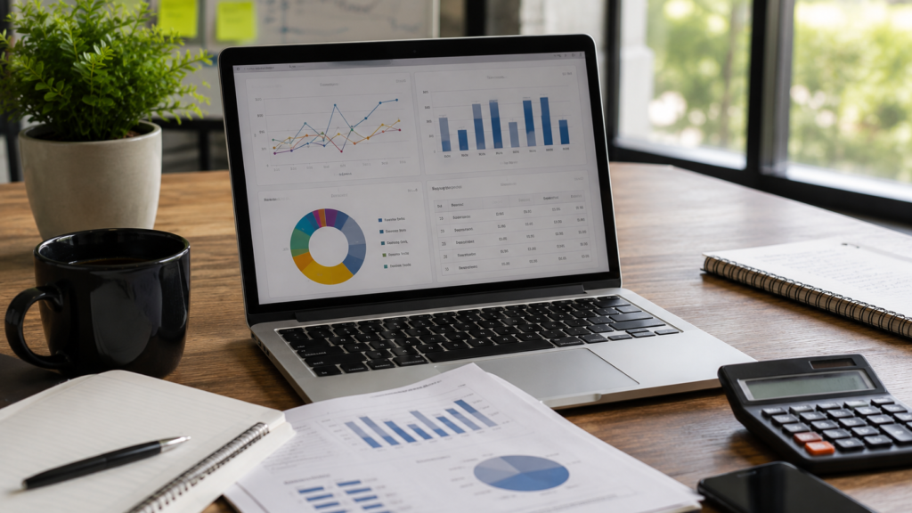 Realistic office workspace with an analytics dashboard on a laptop, financial reports, calculator, and business documents illustrating ROI measurement, backlink performance, and SEO campaign success.