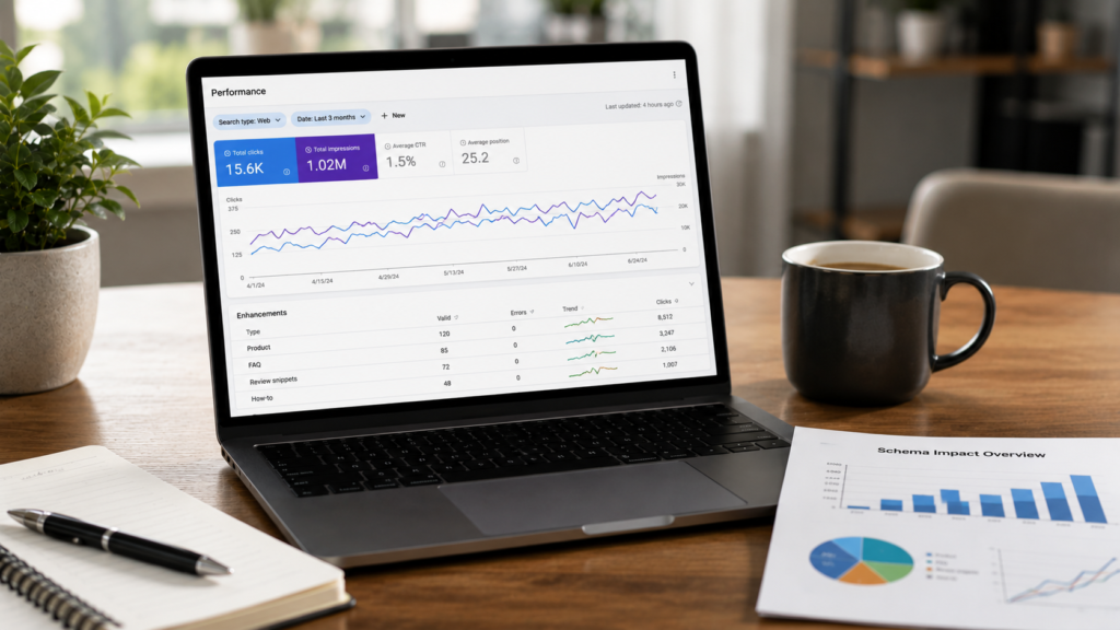 Realistic analytics dashboard measuring schema markup performance with search impressions, clicks, CTR, and rich results growth for SEO evaluation.