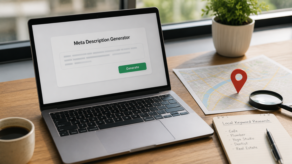 Realistic SEO workspace featuring a meta description generator on a laptop, local keyword research notes, city map with location pin, and digital marketing tools.