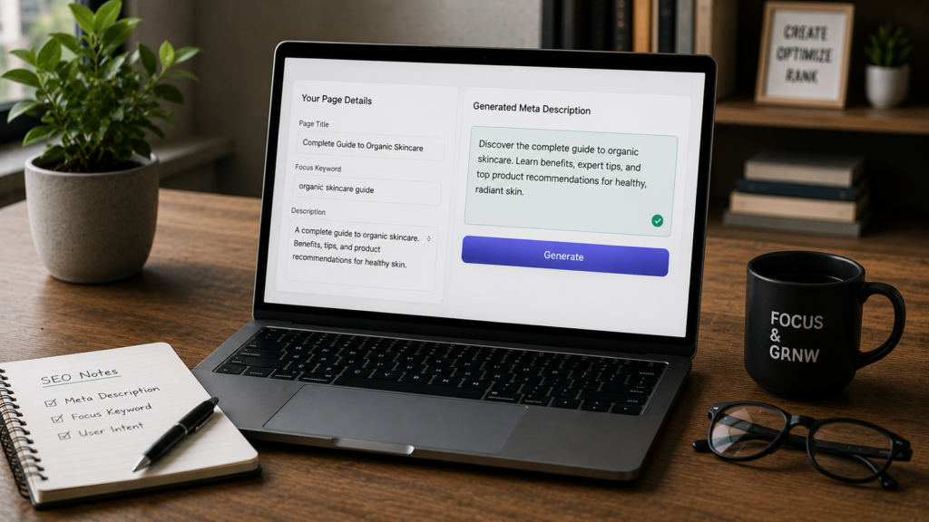 Realistic modern workspace with a laptop displaying an AI-powered meta description generator interface, illustrating the creation of optimized SEO meta descriptions for improved search visibility and click-through rates.