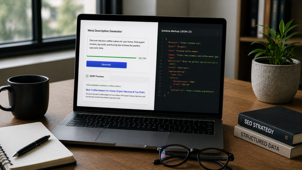 Realistic modern workspace with a laptop displaying an AI meta description generator alongside schema markup code and a SERP preview, illustrating how optimized meta descriptions and structured data improve search visibility and rich results.