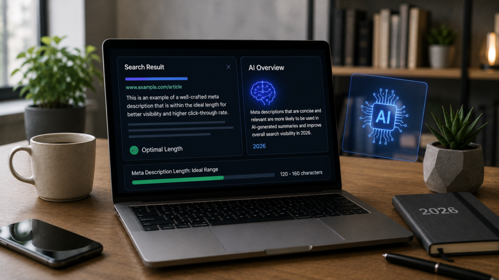 Realistic modern workspace with a laptop displaying AI-powered search results and optimized meta descriptions, illustrating how ideal meta description length supports visibility in AI search experiences