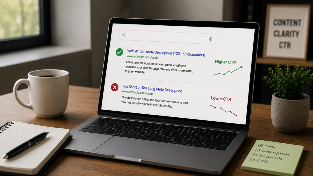 Realistic SEO workspace with a laptop comparing optimized and poorly written meta descriptions, highlighting how ideal meta description length can improve click-through rate and search performance.