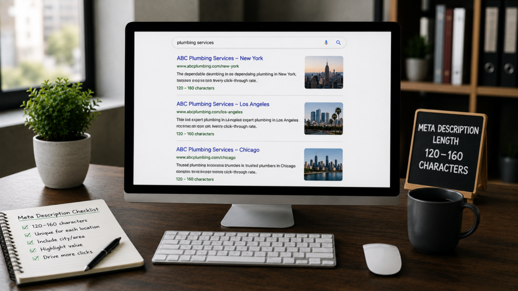 Realistic office workspace with a desktop displaying location-specific search results and optimized meta descriptions for multiple business locations, illustrating local SEO optimization for multi-location businesses.
