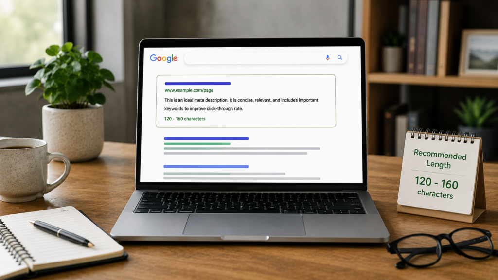 Realistic SEO workspace with a laptop displaying a properly sized meta description and recommended character length, illustrating the ideal meta description limits for better search engine visibility and click-through rates.