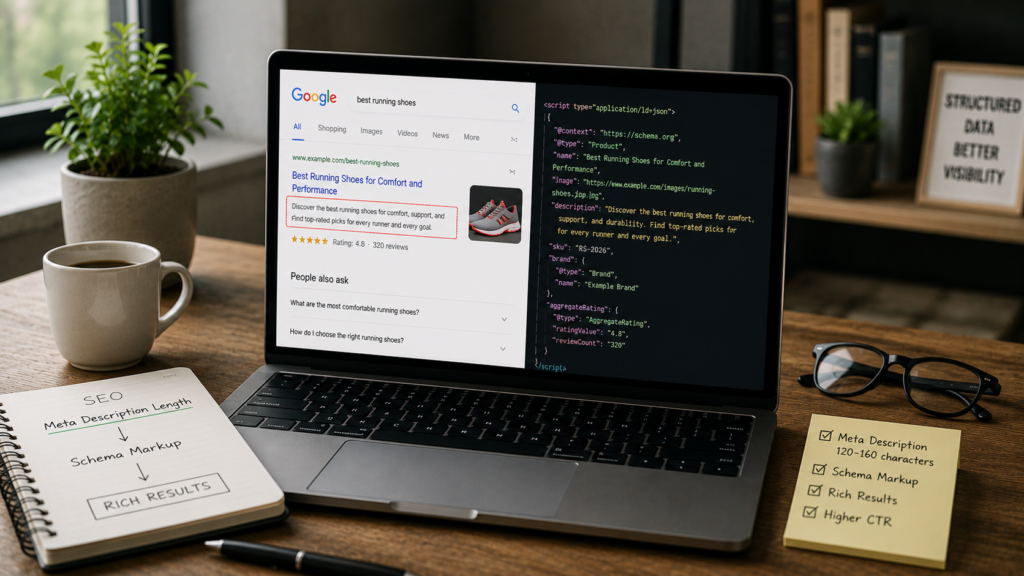 Realistic SEO workspace with a laptop displaying structured data, schema markup code, and optimized search snippets, illustrating how meta description length and schema markup work together to improve search visibility and rich results