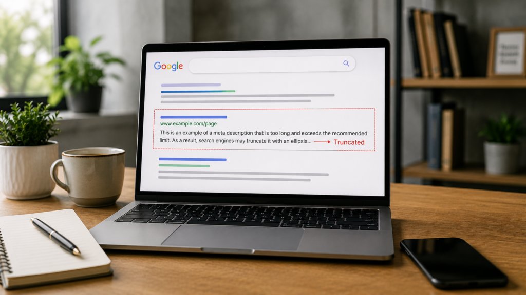 ealistic SEO workspace with a laptop displaying a search result where an overly long meta description is truncated, illustrating the impact of exceeding the recommended meta description length.