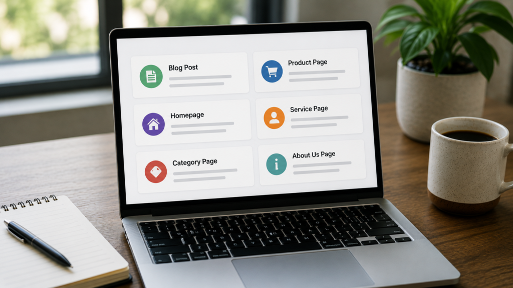 Laptop displaying sample meta description templates for blog posts, product pages, service pages, and homepage SEO optimization.