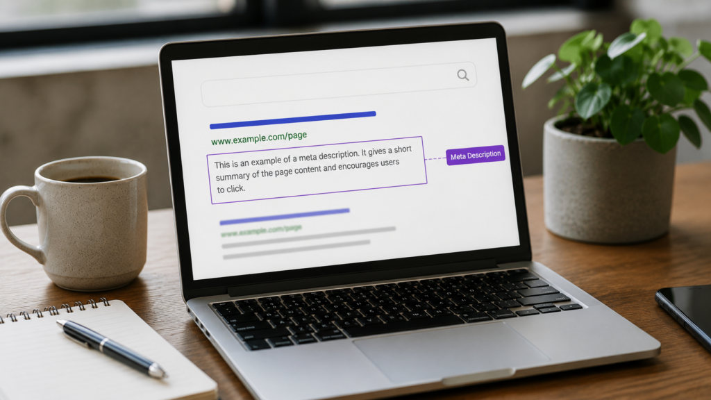 Laptop displaying a search engine results page with a highlighted meta description, illustrating how optimized meta descriptions improve SEO and click-through rates.