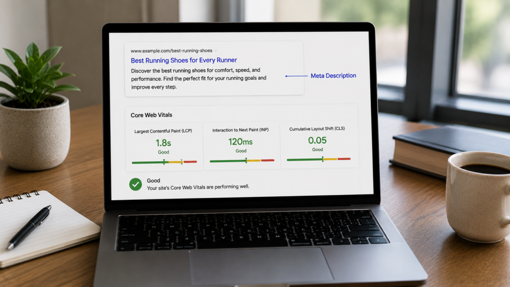Laptop displaying Core Web Vitals metrics alongside a search result preview, illustrating the relationship between page experience, meta descriptions, and overall SEO performance.