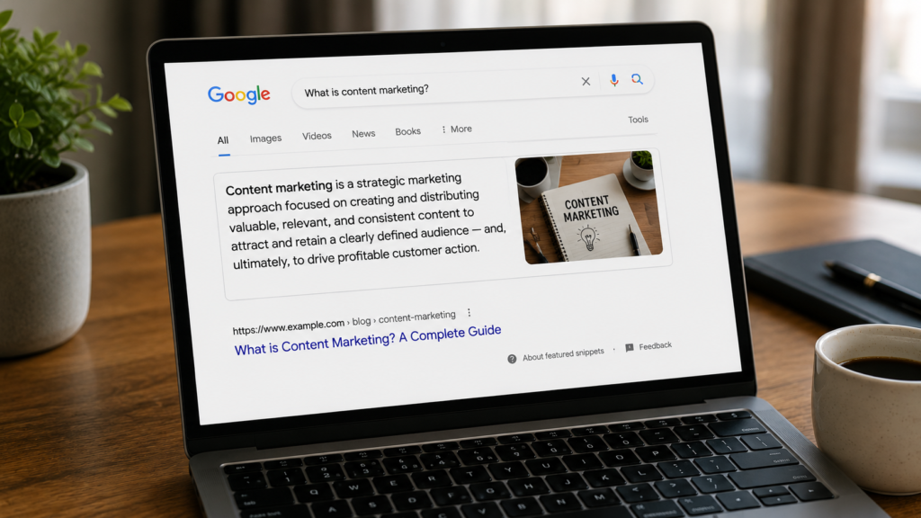 Laptop displaying a search engine results page with a featured snippet and meta description, illustrating how optimized content can improve search visibility and click-through rates.
