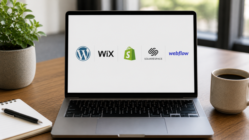 Laptop displaying meta description settings across popular website platforms, illustrating SEO optimization for WordPress, Shopify, Wix, Webflow, and Squarespace.