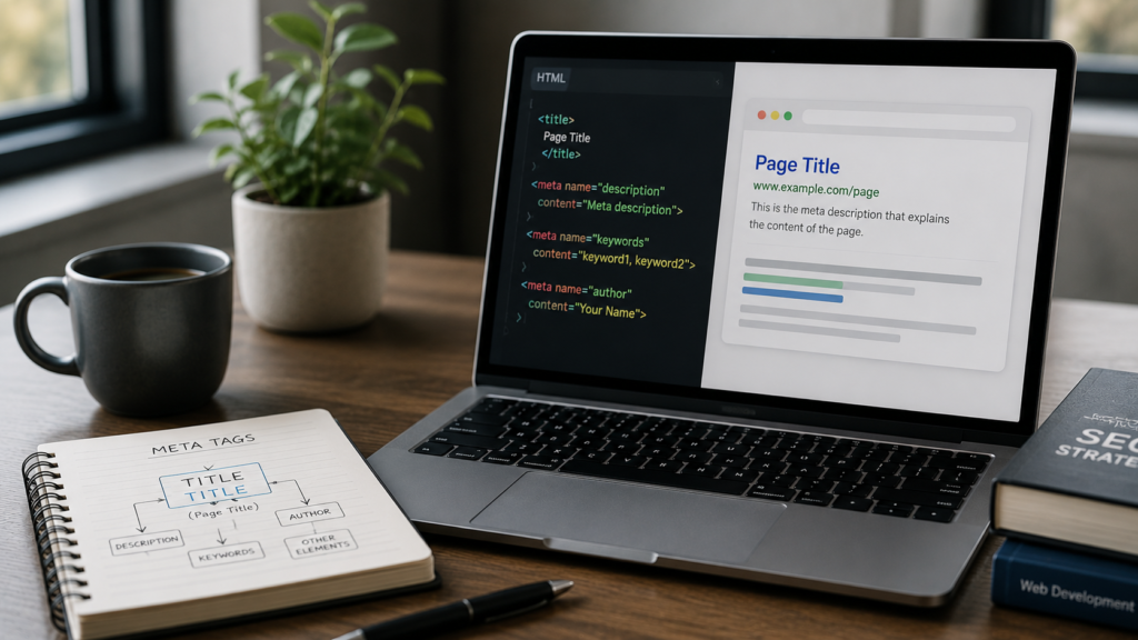 Realistic SEO workspace showing a page title, meta description, and HTML meta tags comparison on a laptop with notes explaining title versus other meta elements.