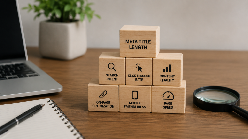 Wooden blocks illustrating meta title length alongside search intent, click-through rate, page speed, mobile optimization, and content quality on a modern workspace desk.