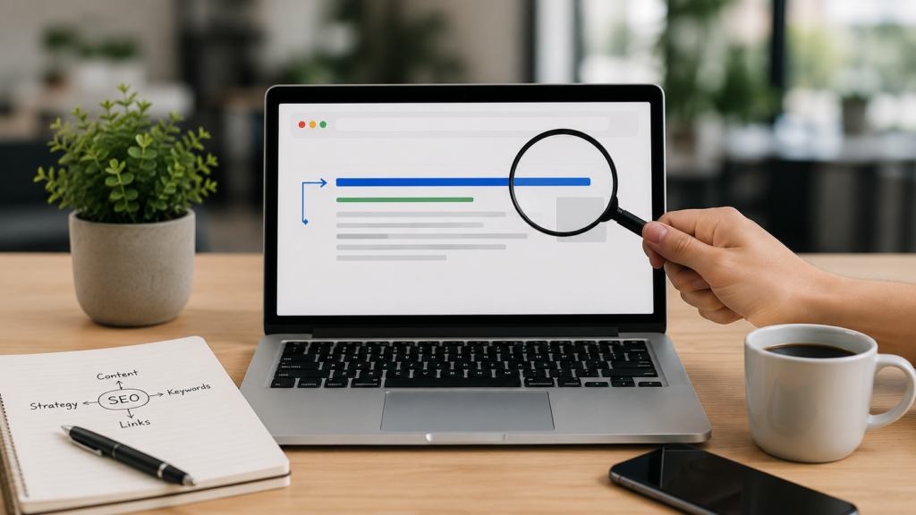 Realistic SEO workspace with a laptop displaying a meta title editor, browser preview, magnifying glass, and content optimization tools on a modern desk.