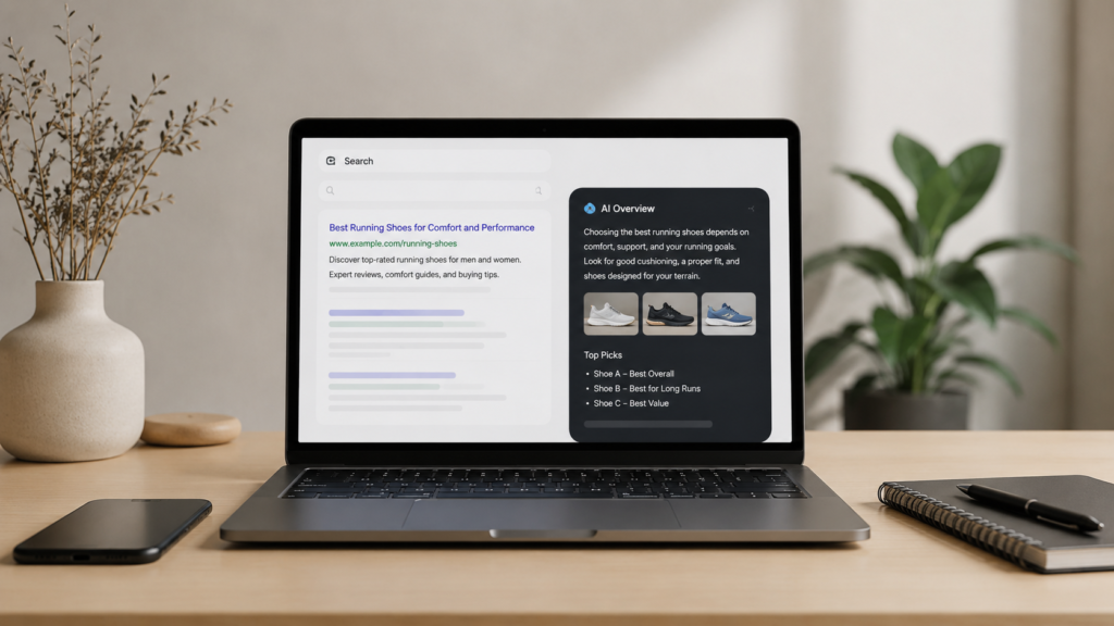 Realistic laptop displaying search results with an AI overview panel, illustrating how optimized meta titles influence AI-powered search results and user visibility.