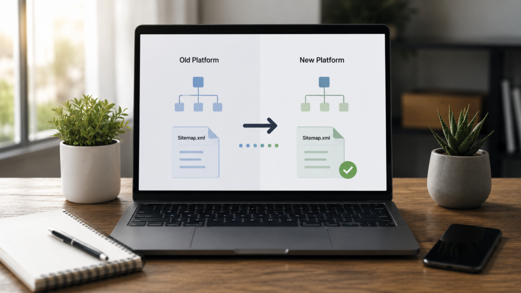 Realistic office workspace with a laptop displaying website migration from an old platform to a new platform, highlighting sitemap transfer, URL structure updates, and successful SEO migration.
