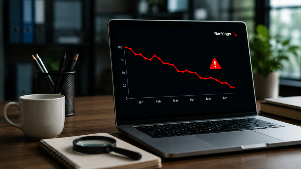 Realistic SEO analytics workspace showing missing website pages causing declining search rankings and reduced organic search performance.