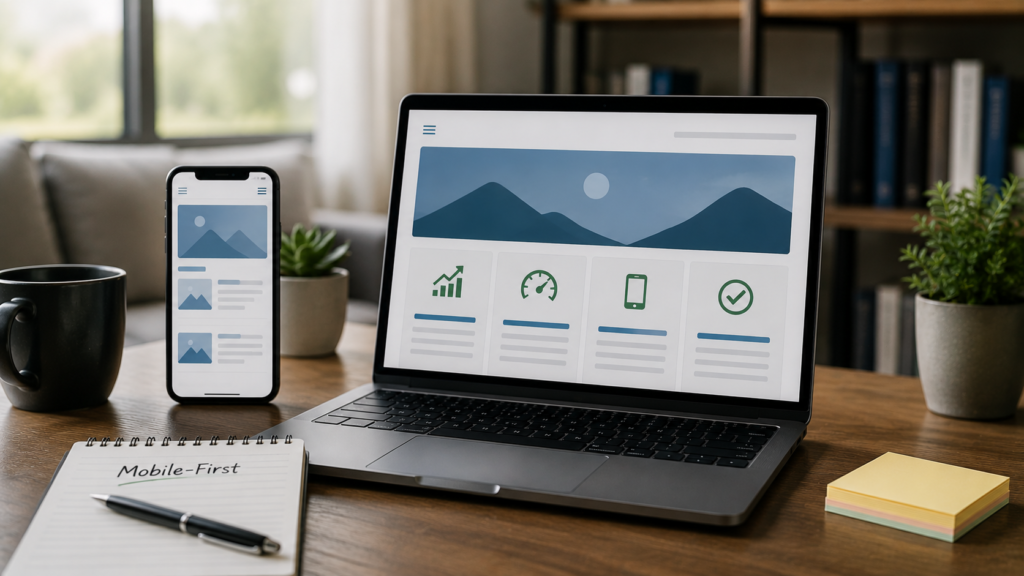 Realistic workspace with a smartphone and laptop displaying responsive website layouts, illustrating the key SEO ranking impacts of mobile-first indexing.